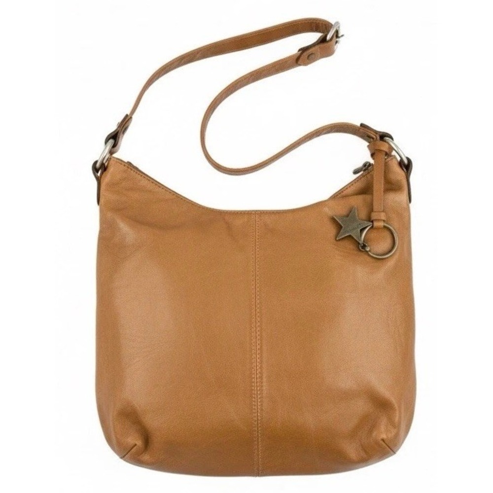 Tan Leather Hobo Shoulder Bag Bronze Medallion Hardware Vintage Y2K Style